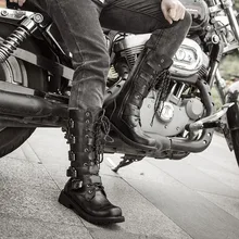 Size 38-46 Men’s Leather Motorcycle Boots Mid-calf Military Combat Boots Gothic Belt Punk Boots Men Shoes Rock Punk Shoes